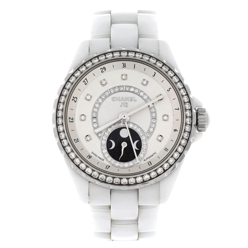 J12 Moonphase Automatic Watch Ceramic and Stainless Steel with Diamond Bezel, Dial and Markers 38