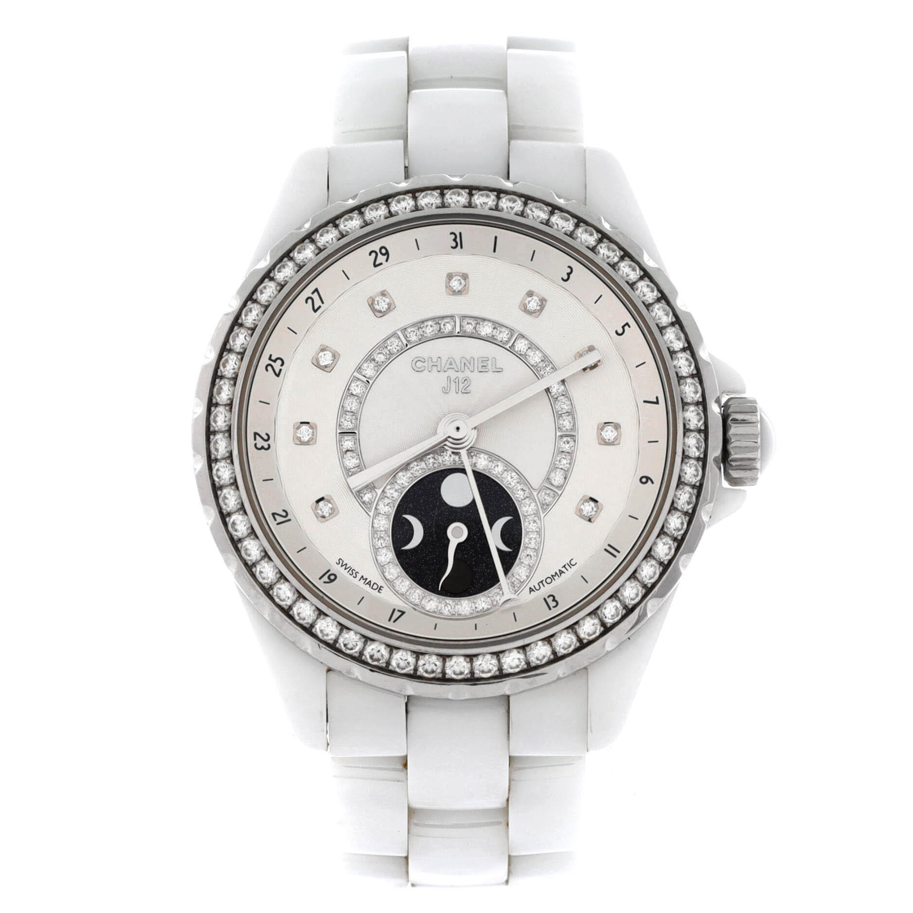 J12 Moonphase Automatic Watch Ceramic and Stainless Steel with Diamond Bezel, Dial and Markers 38
