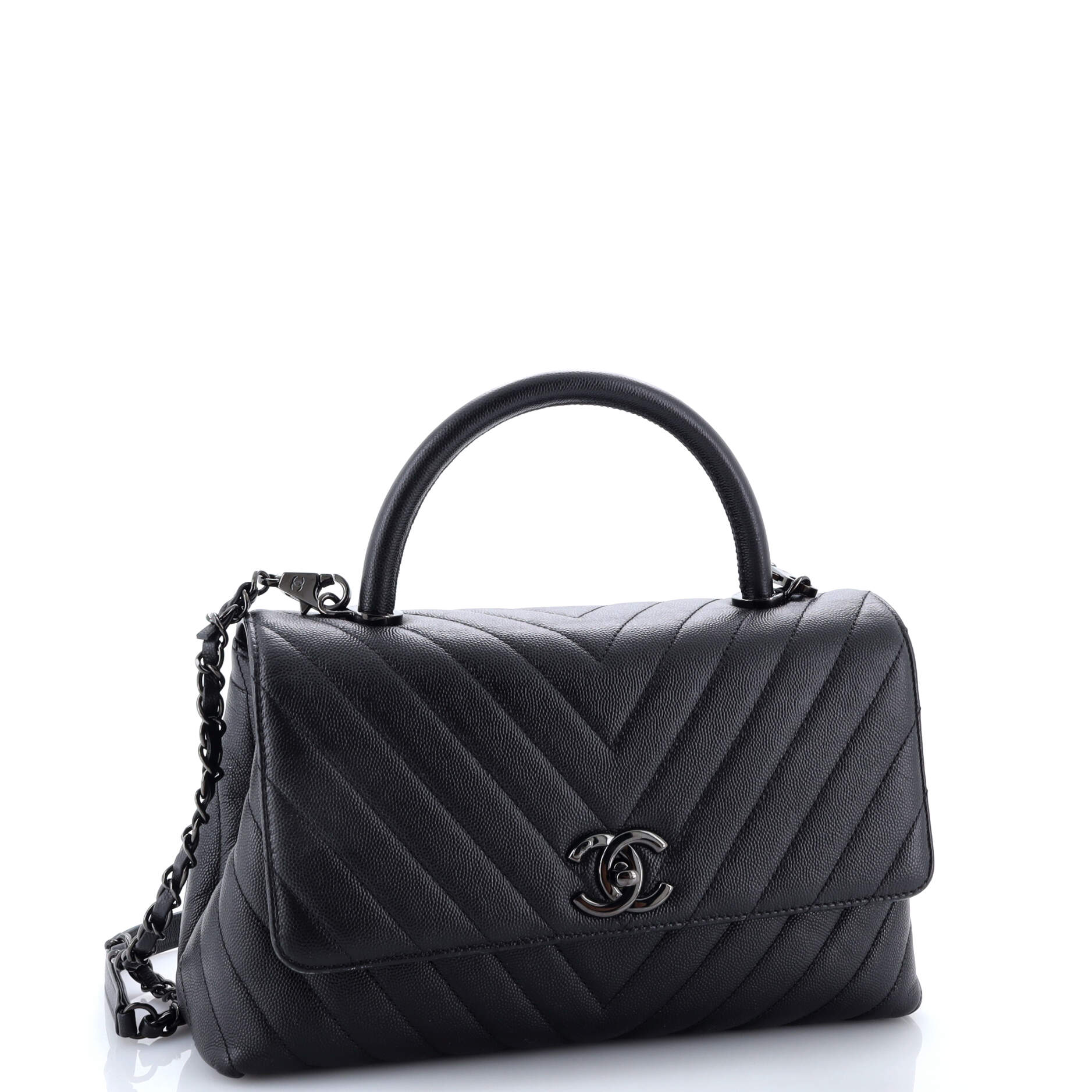 So Black Coco Top Handle Bag Chevron Caviar Small