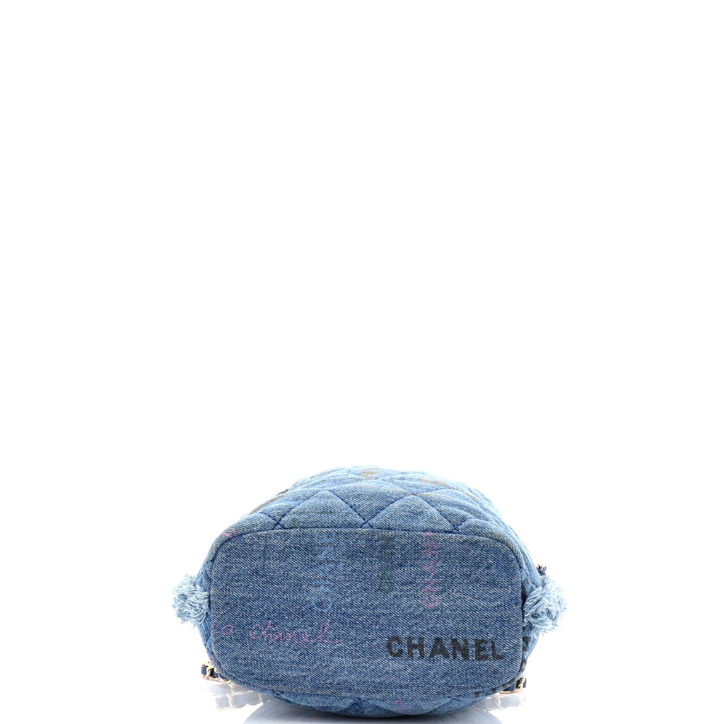 Denim Mood Chain Bucket Bag Logo Printed Quilted Fringe Denim Medium