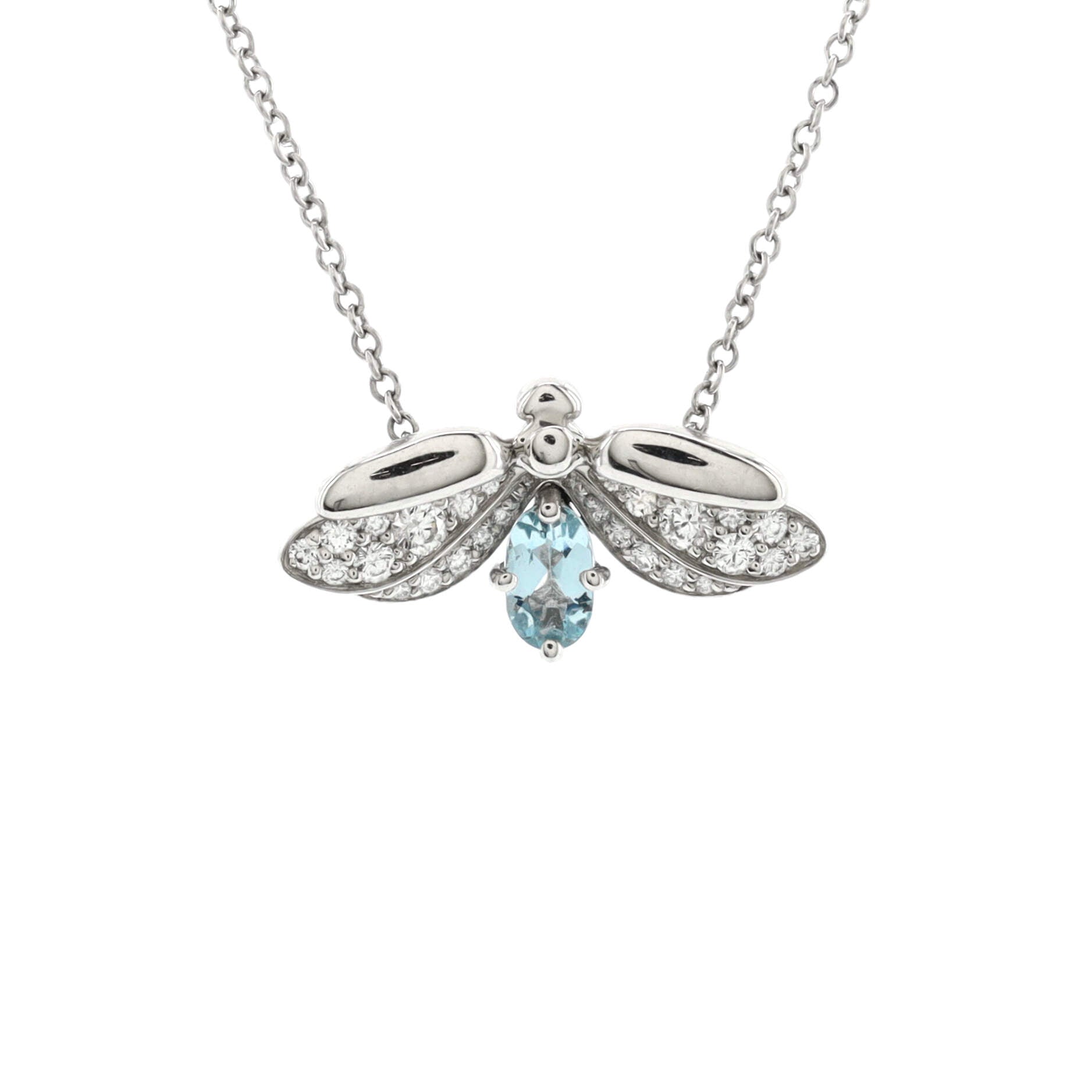 Paper Flowers Firefly Pendant Necklace Platinum with Diamonds and Aquamarine Small