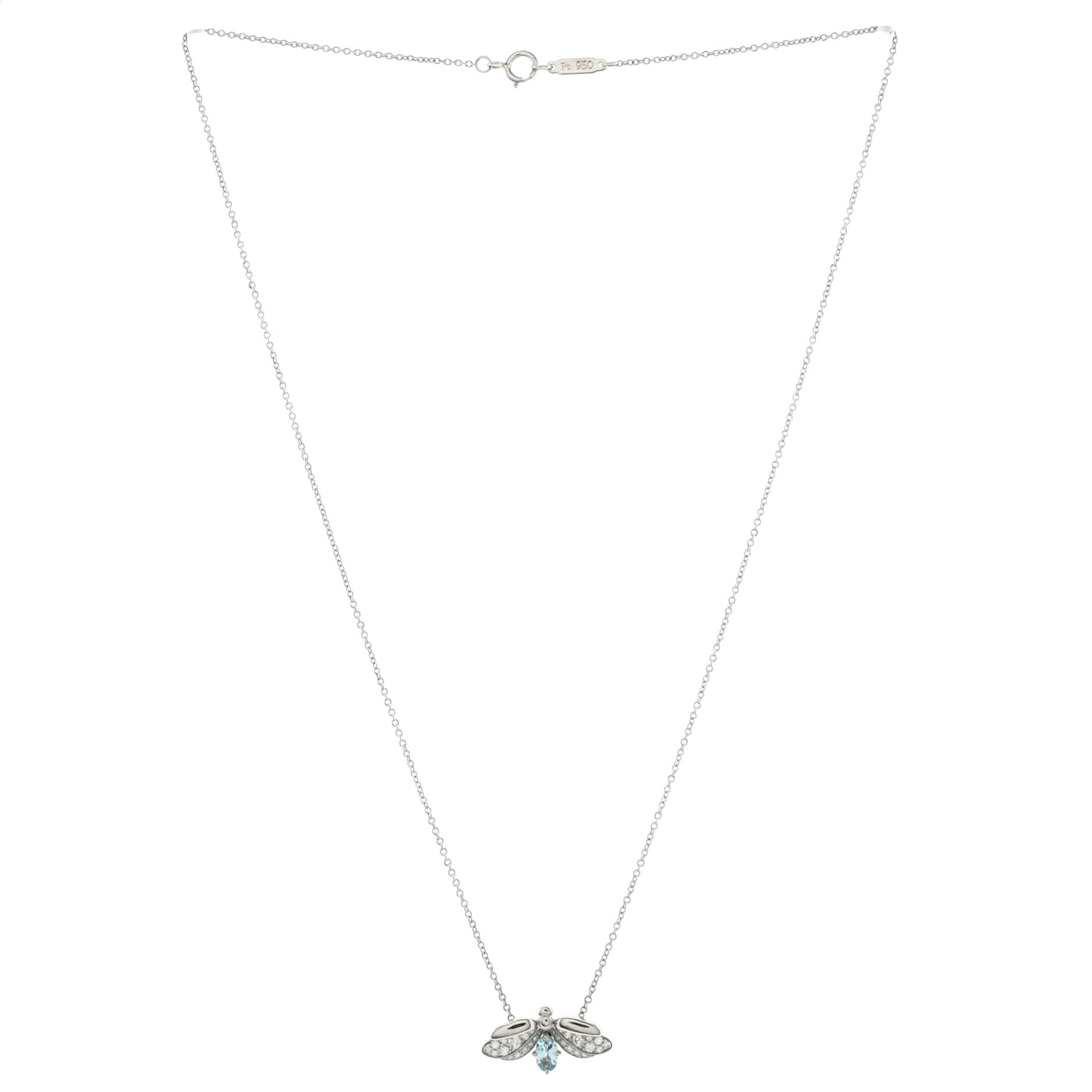 Paper Flowers Firefly Pendant Necklace Platinum with Diamonds and Aquamarine Small