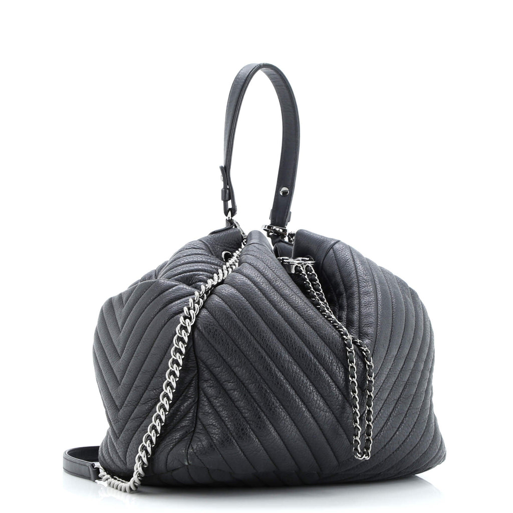 CC Chain Drawstring Bucket Bag Chevron Sheepskin Medium