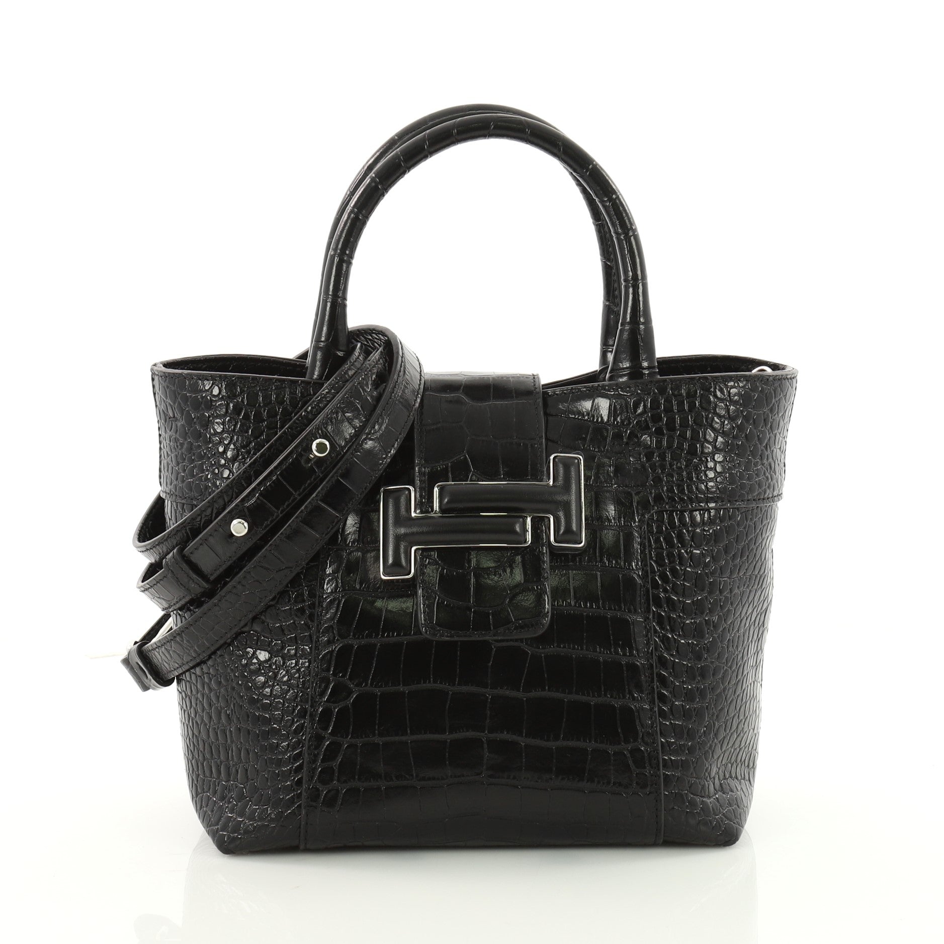 Double T Tote Crocodile Embossed Leather Mini