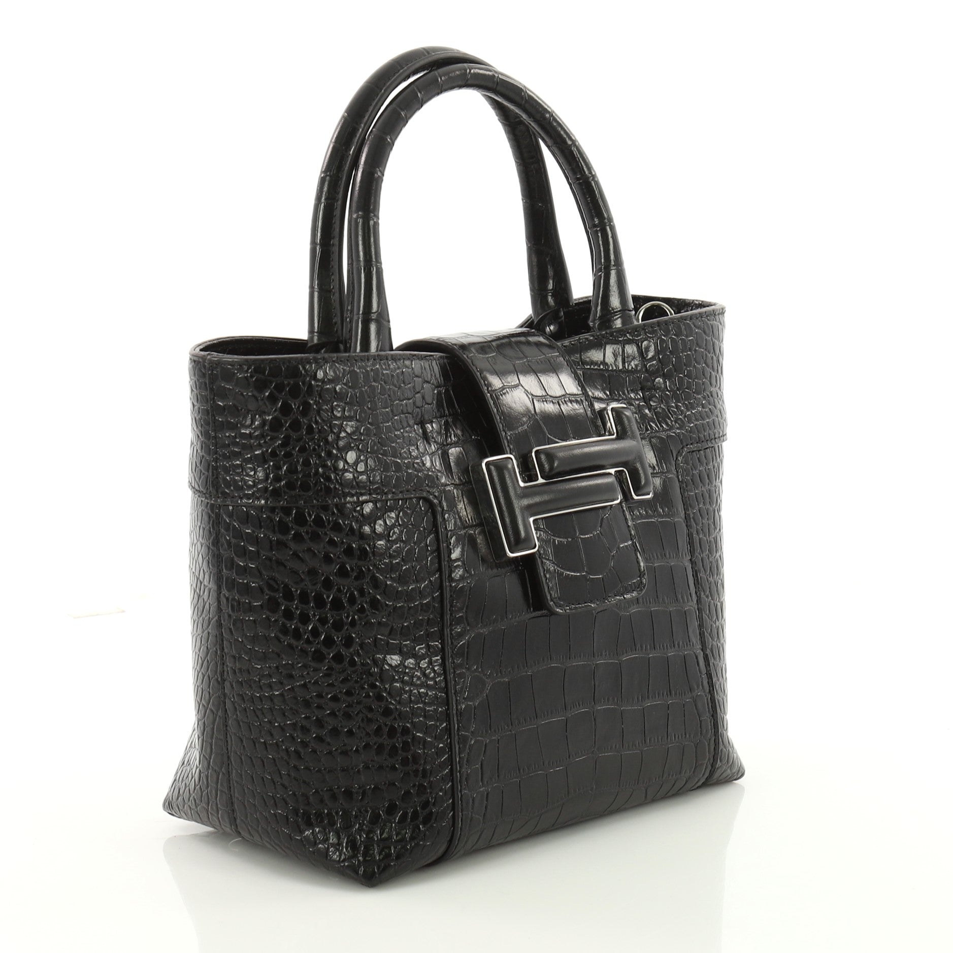 Double T Tote Crocodile Embossed Leather Mini