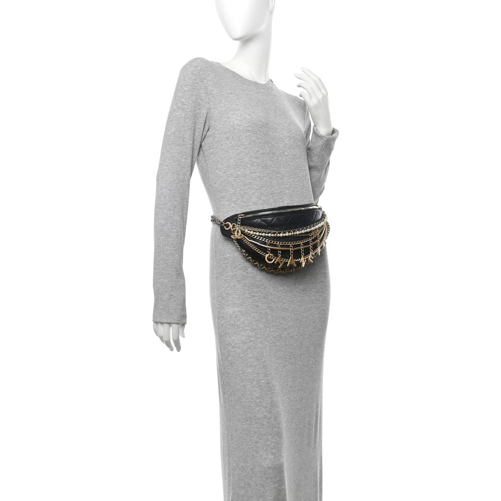 Lambskin Quilted All About Chains Waist Belt Bag Black