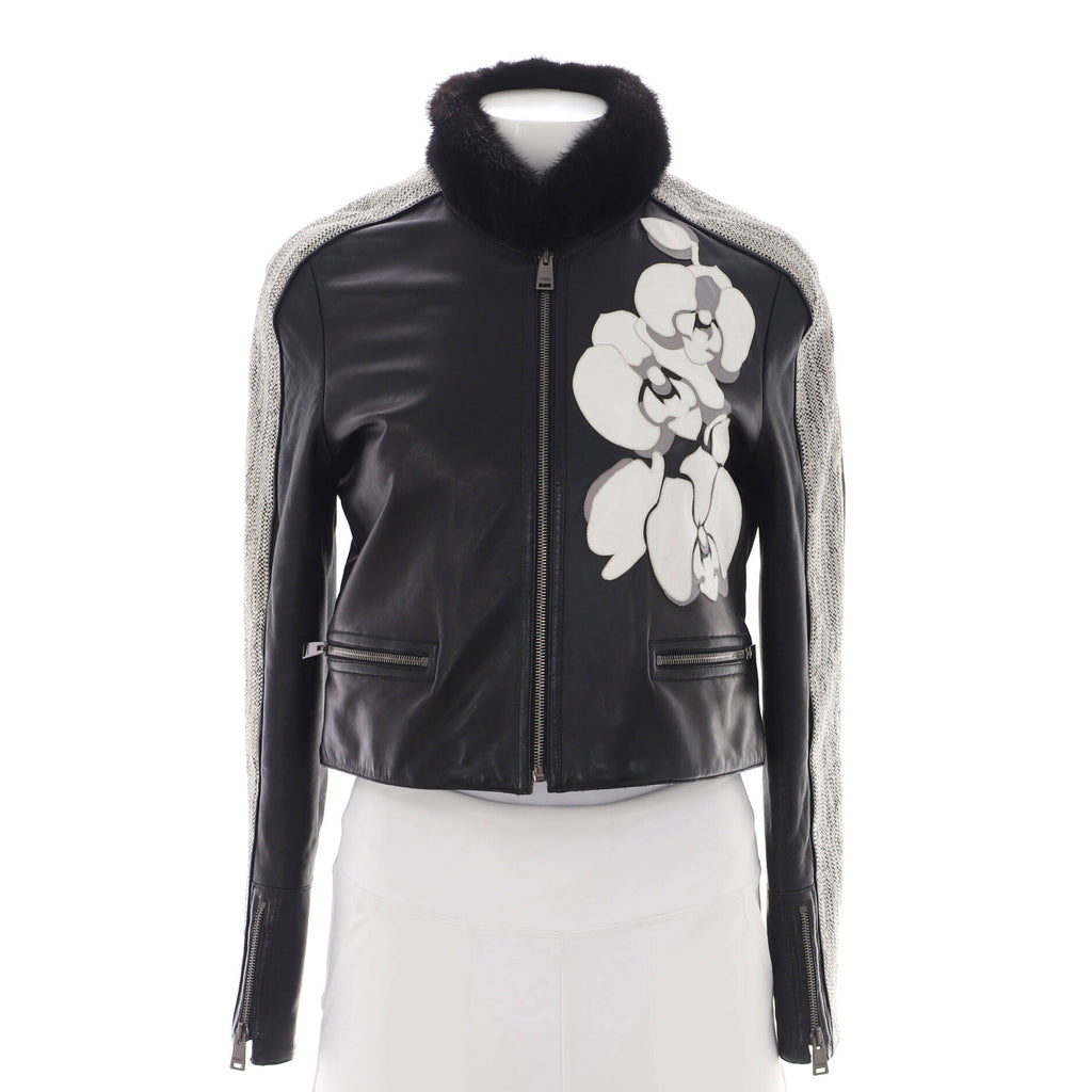 Women's Floral Zip Jacket Leather with Applique and Fur