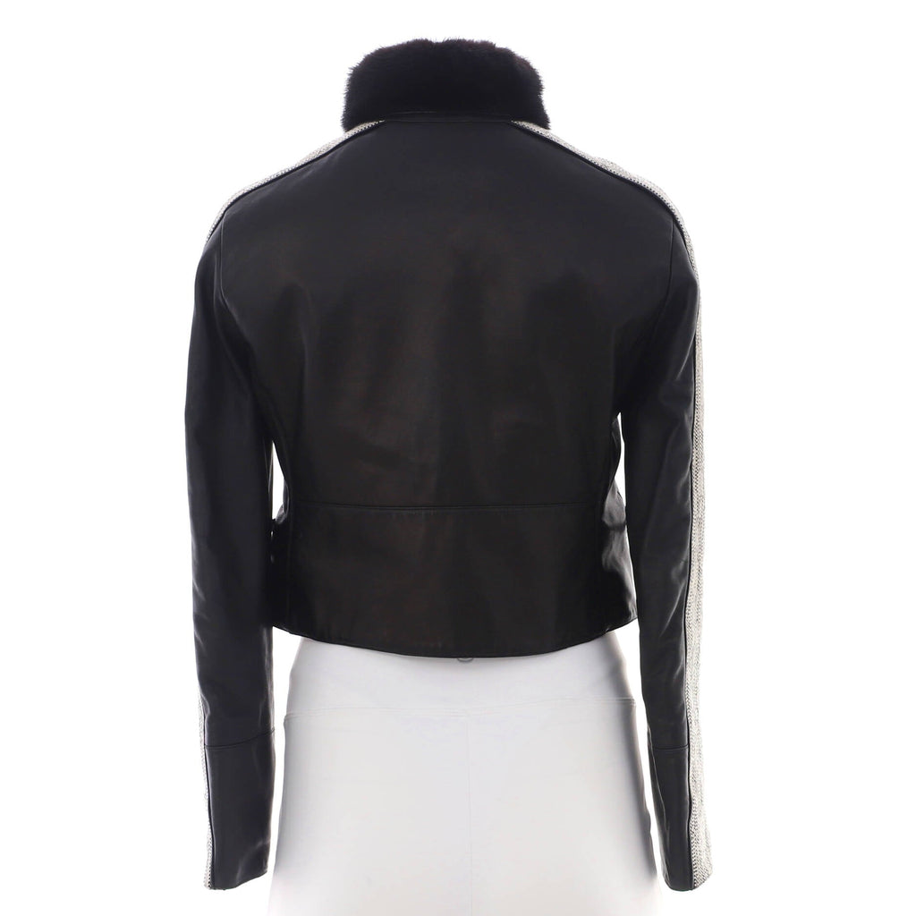 Women's Floral Zip Jacket Leather with Applique and Fur