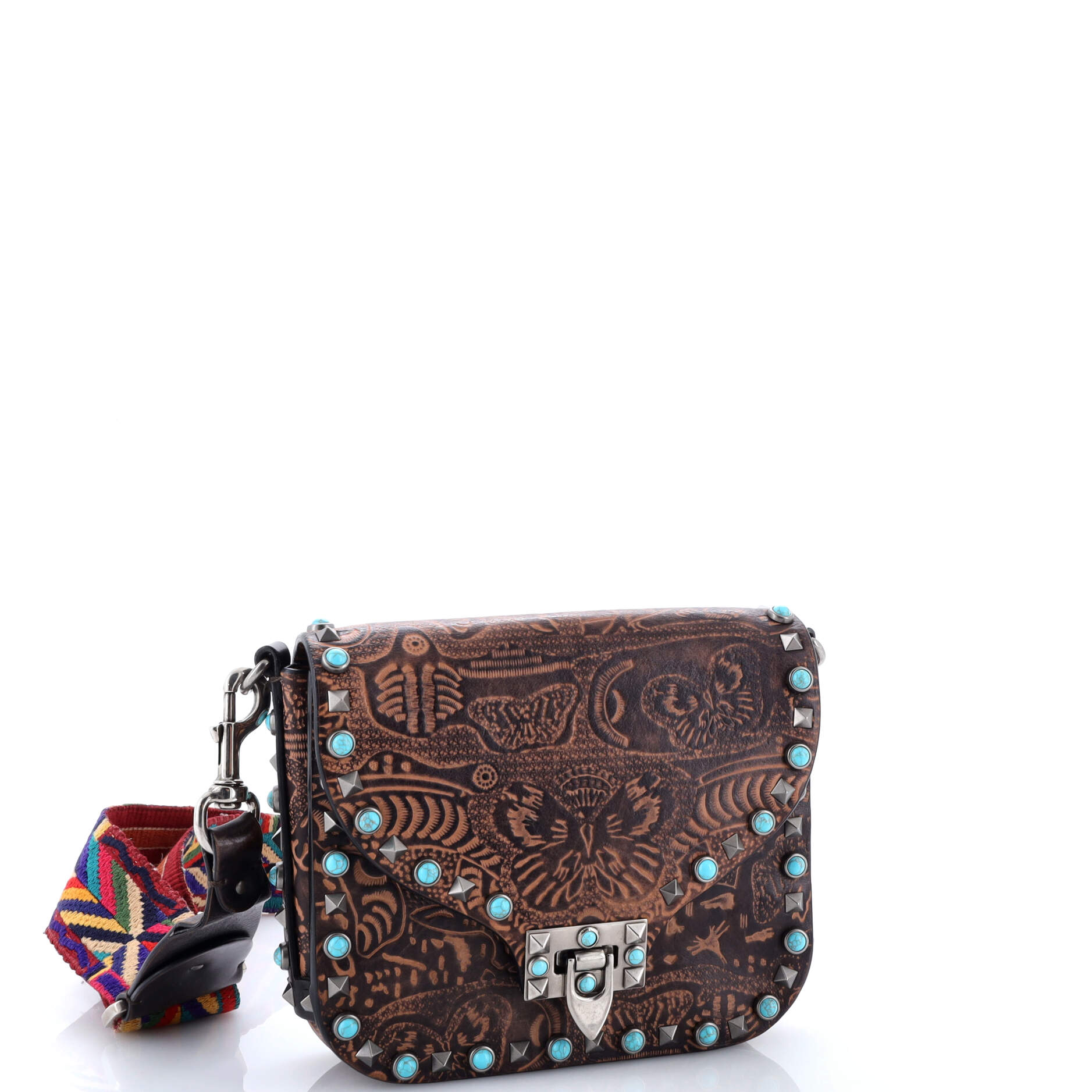 Rolling Rockstud Crossbody Bag Santeria Embossed Leather with Cabochons Small