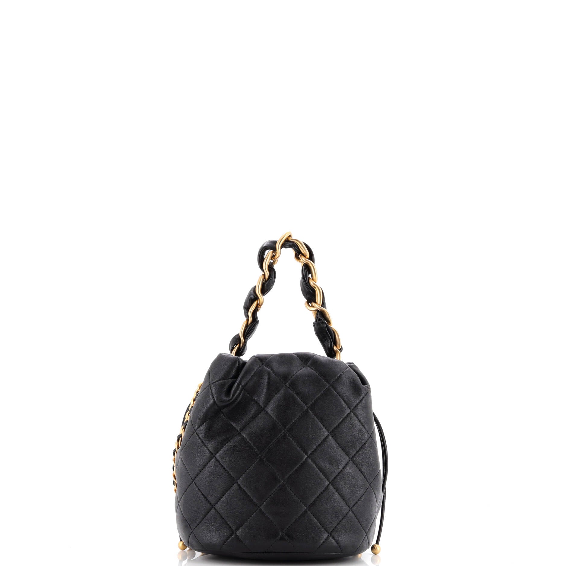 Entwined Chain Top Handle Drawstring Bucket Bag Quilted Shiny Lambskin Medium