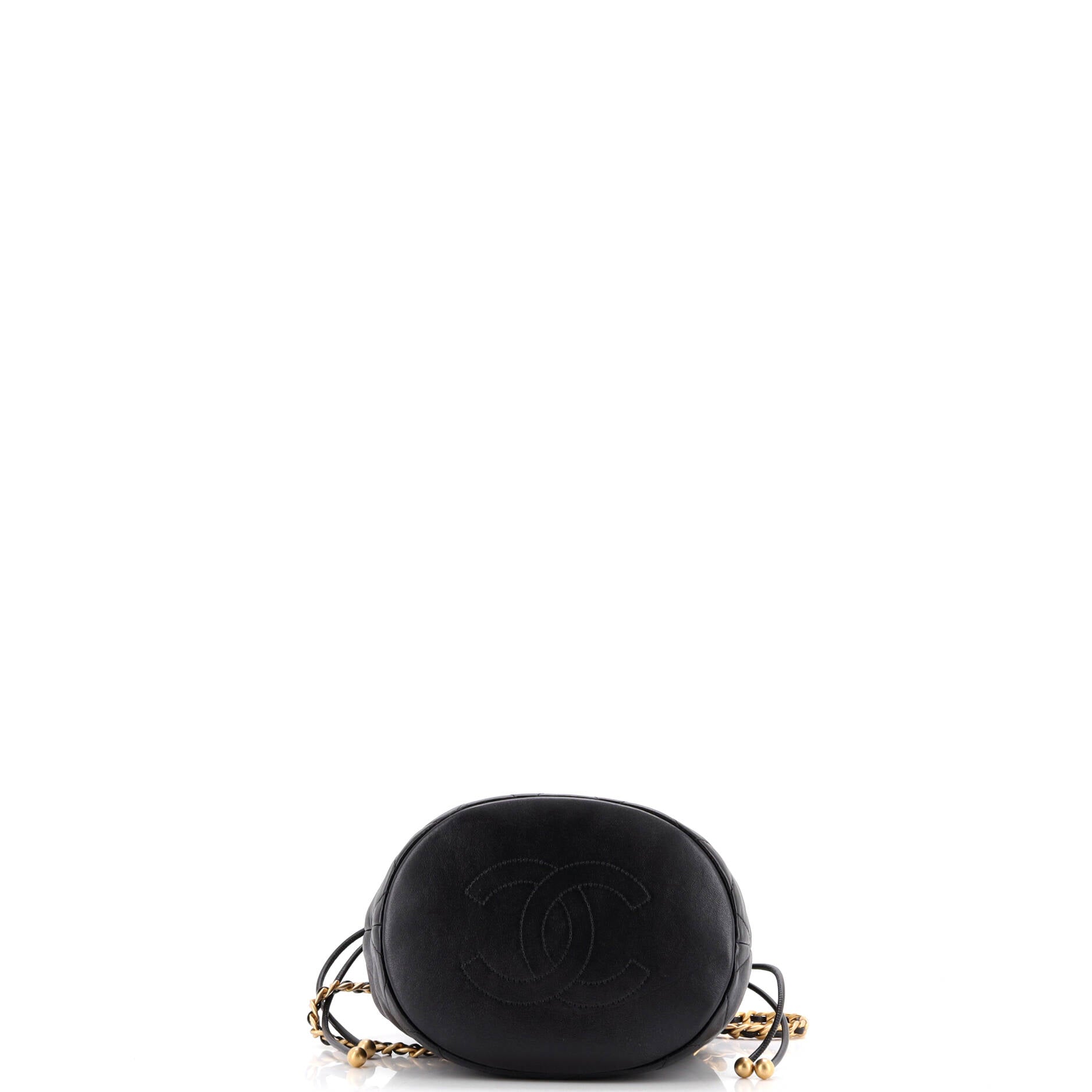 Entwined Chain Top Handle Drawstring Bucket Bag Quilted Shiny Lambskin Medium