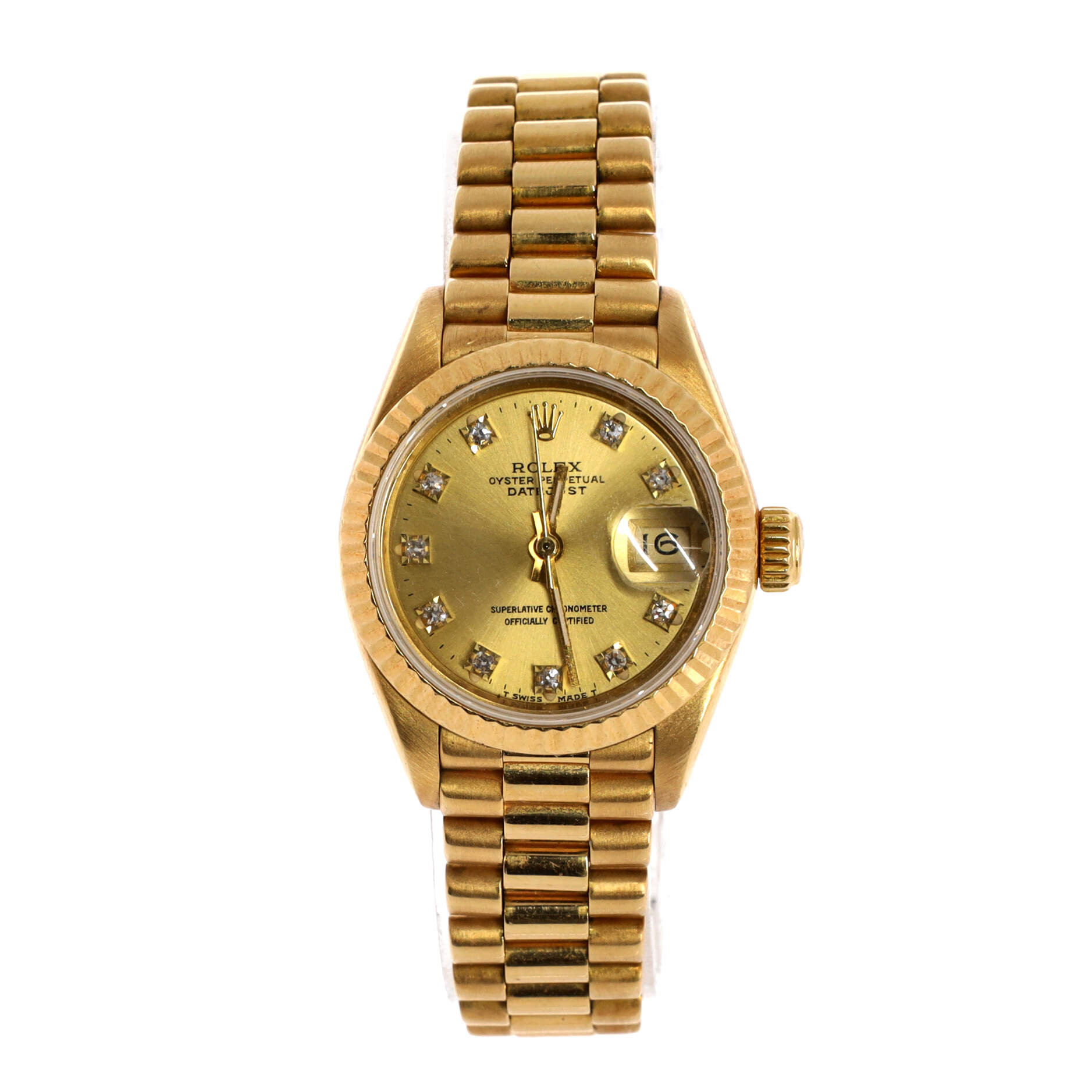 Oyster Perpetual President Datejust Automatic Watch Yellow Gold with Diamond Markers 26