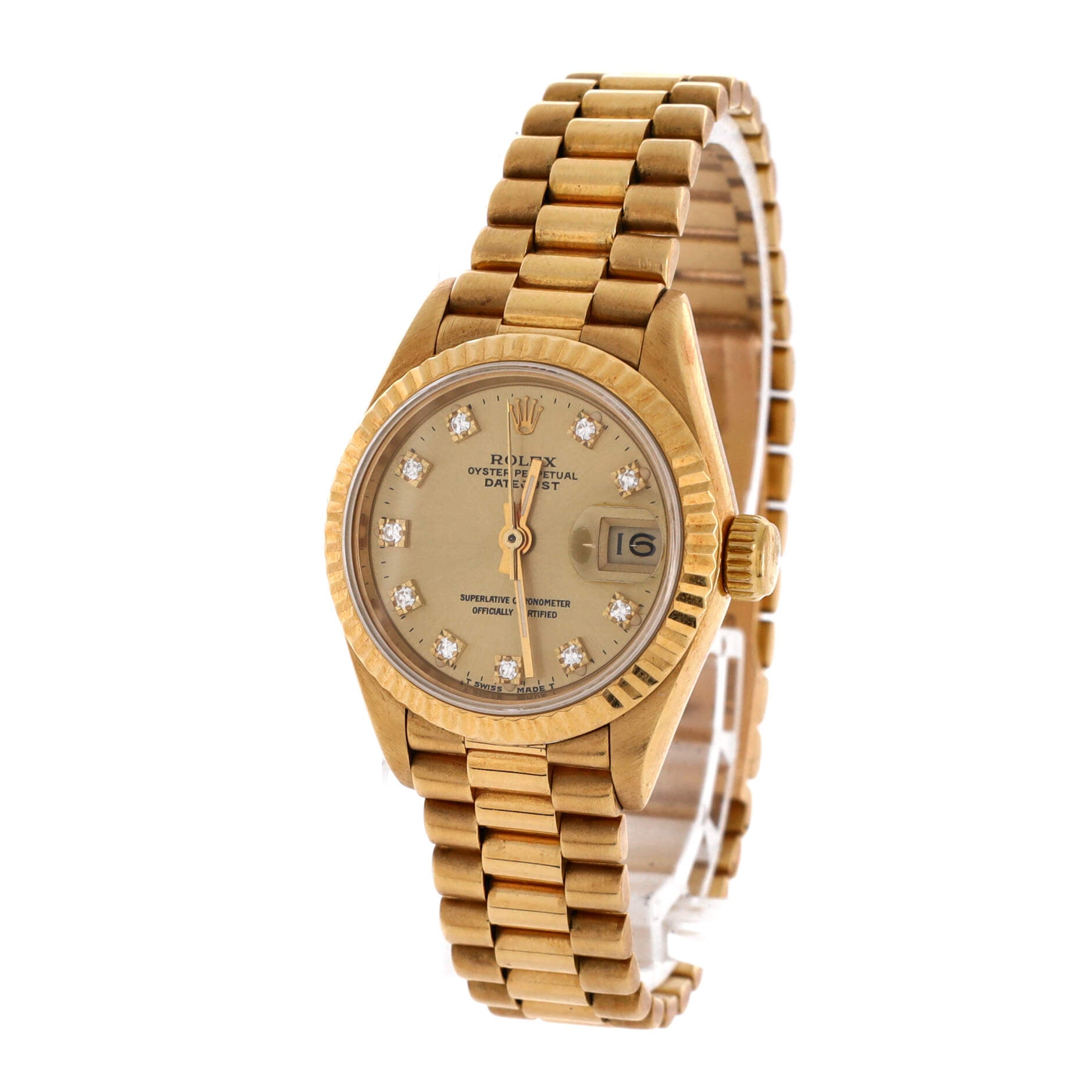 Oyster Perpetual President Datejust Automatic Watch Yellow Gold with Diamond Markers 26