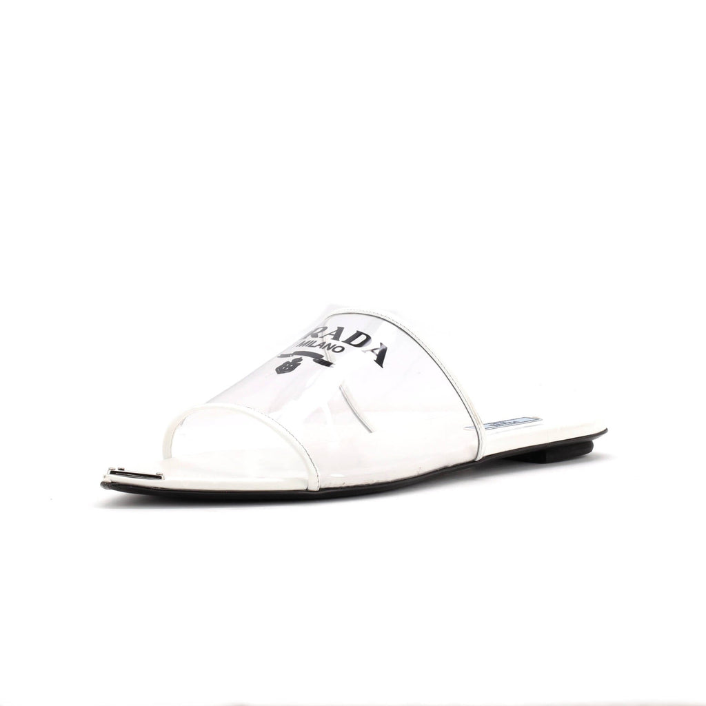 Women's Logo Flat Slide Sandals PVC with Leather