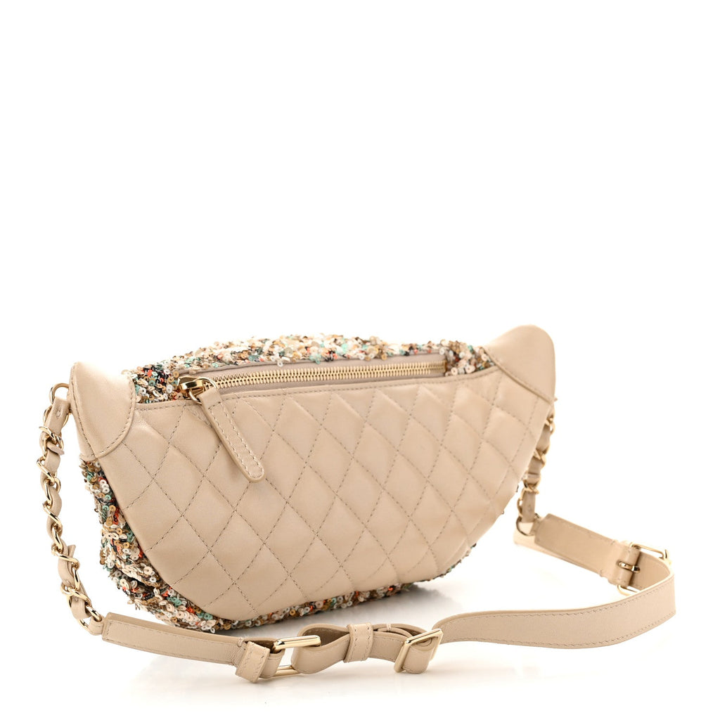 Sequin Calfskin Sparkling City Waist Bag Fanny Pack Beige