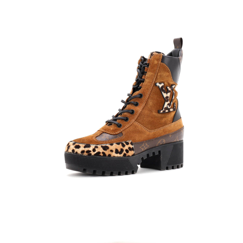 Women's Laureate Platform Desert Boots Suede with Monogram Canvas and Pony Hair