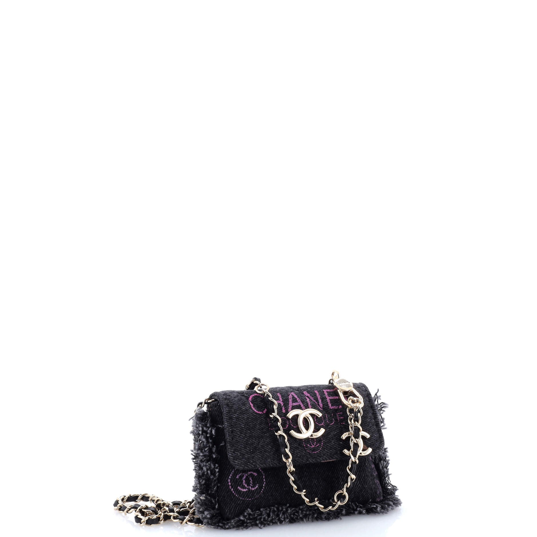 Denim Mood Flap Clutch with Chain Logo Printed Quilted Fringe Denim