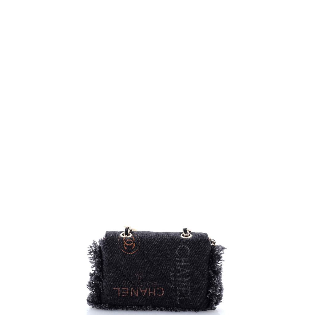 Denim Mood Flap Clutch with Chain Logo Printed Quilted Fringe Denim