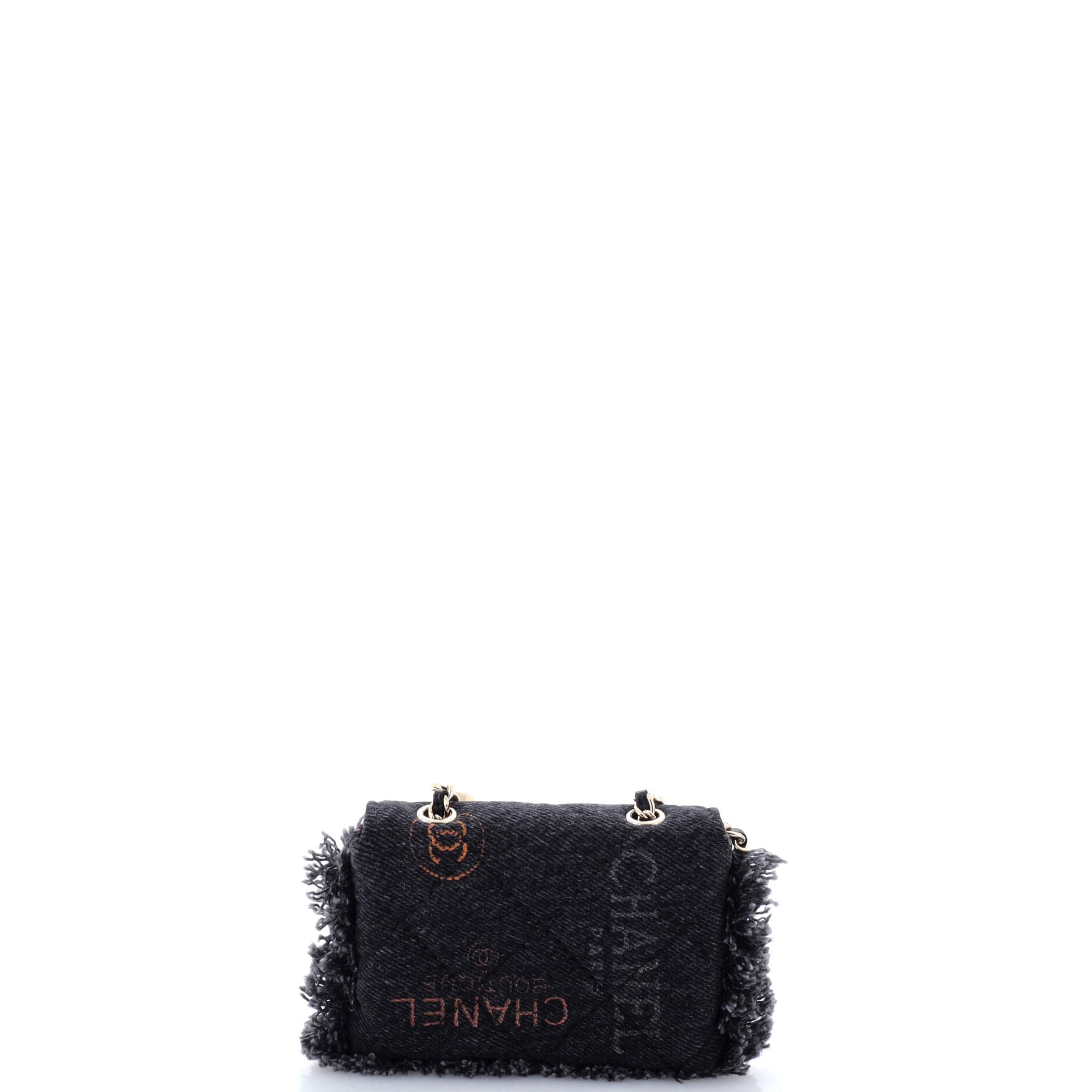 Denim Mood Flap Clutch with Chain Logo Printed Quilted Fringe Denim