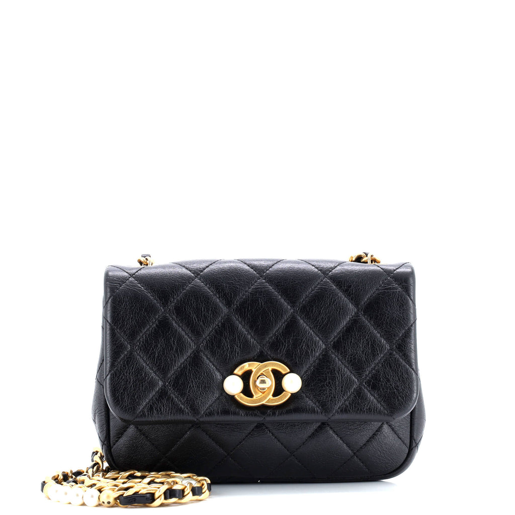 CC Pearl Section Chain Flap Bag Quilted Calfskin Mini