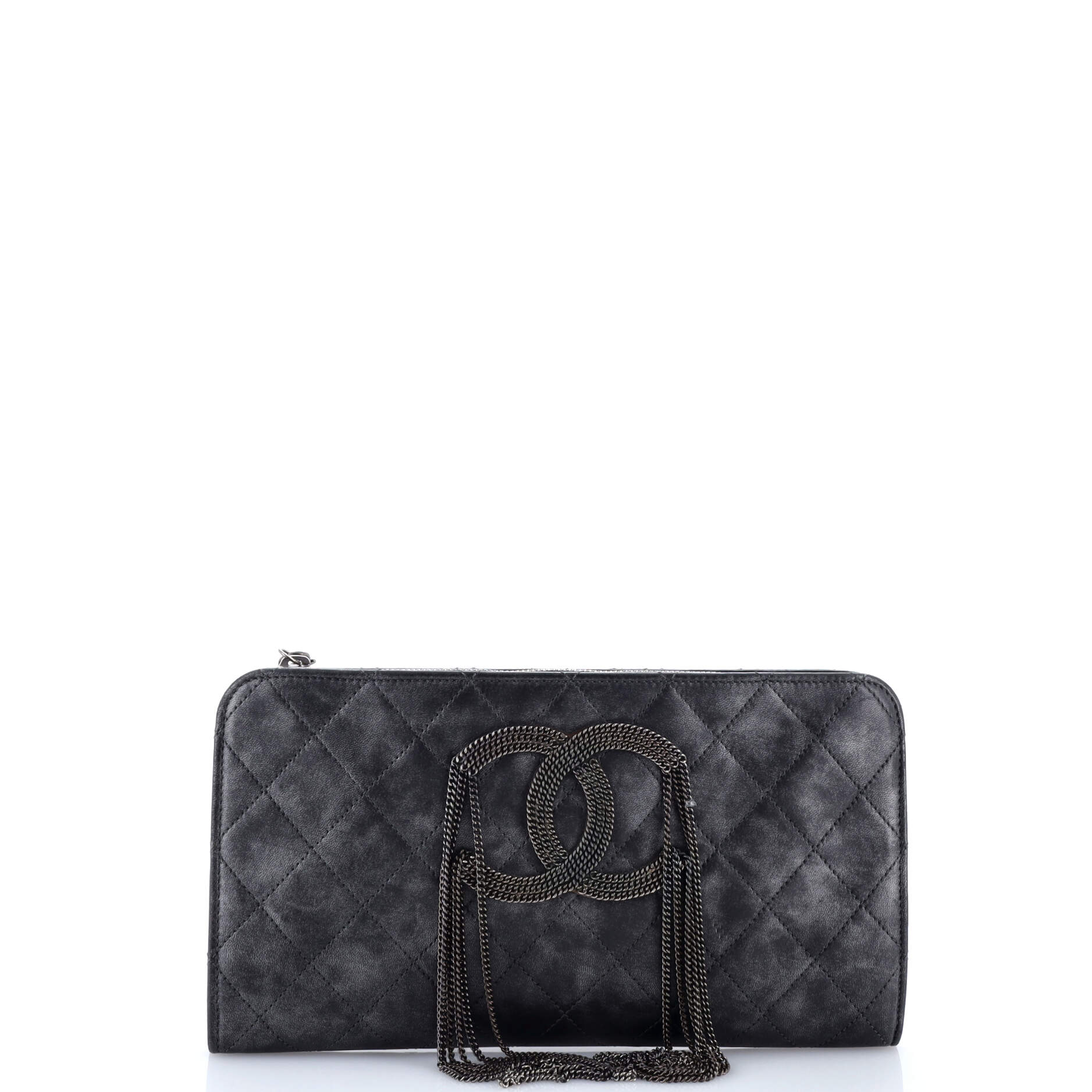 CC Chain Fringe Wristlet Clutch Quilted Leather