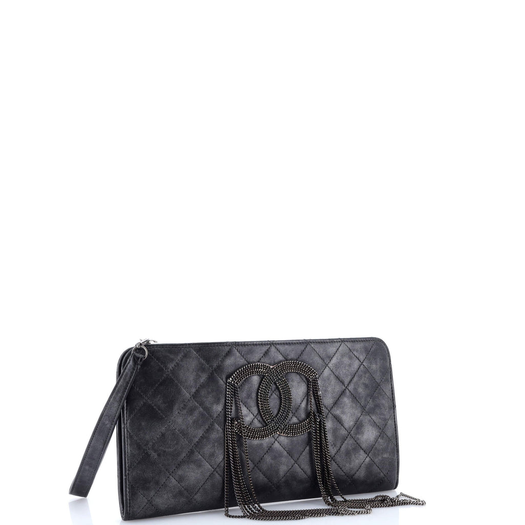 CC Chain Fringe Wristlet Clutch Quilted Leather