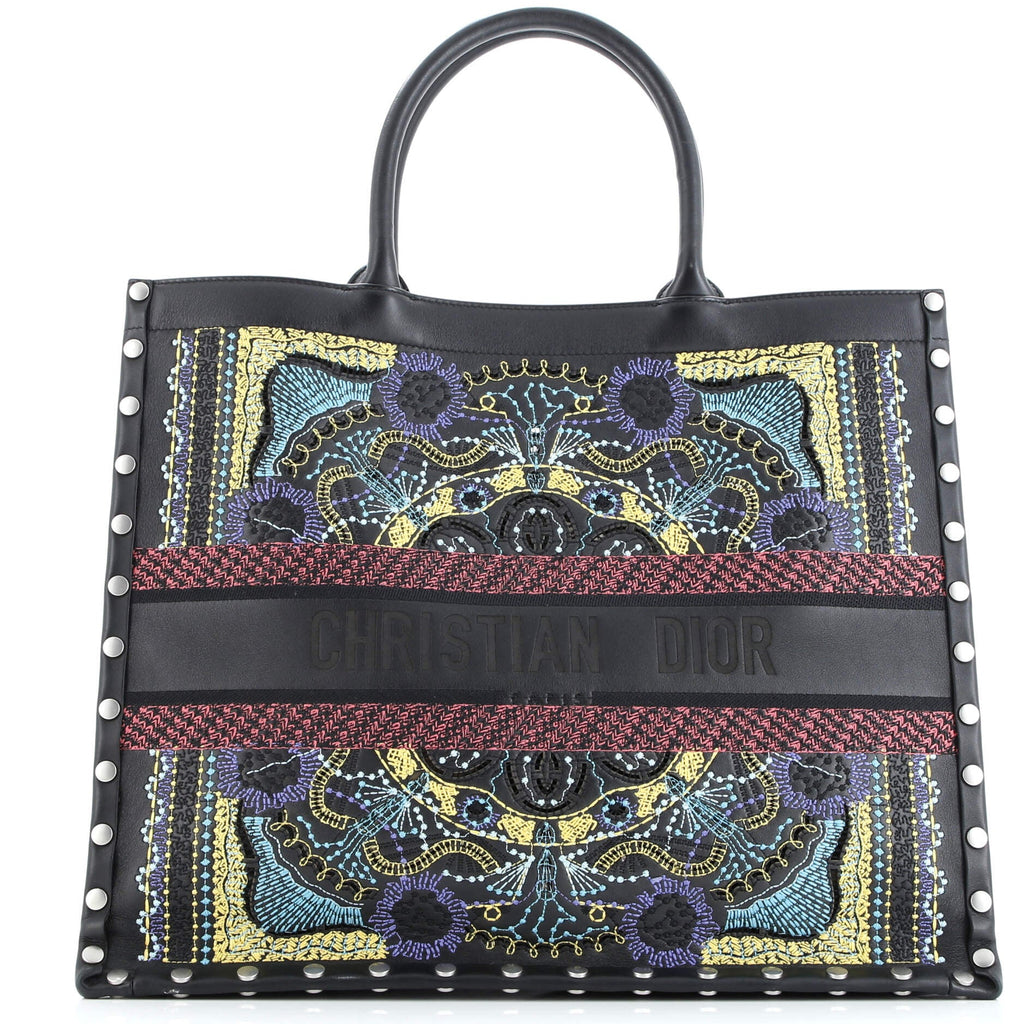 Book Tote Embroidered Studded Leather Large
