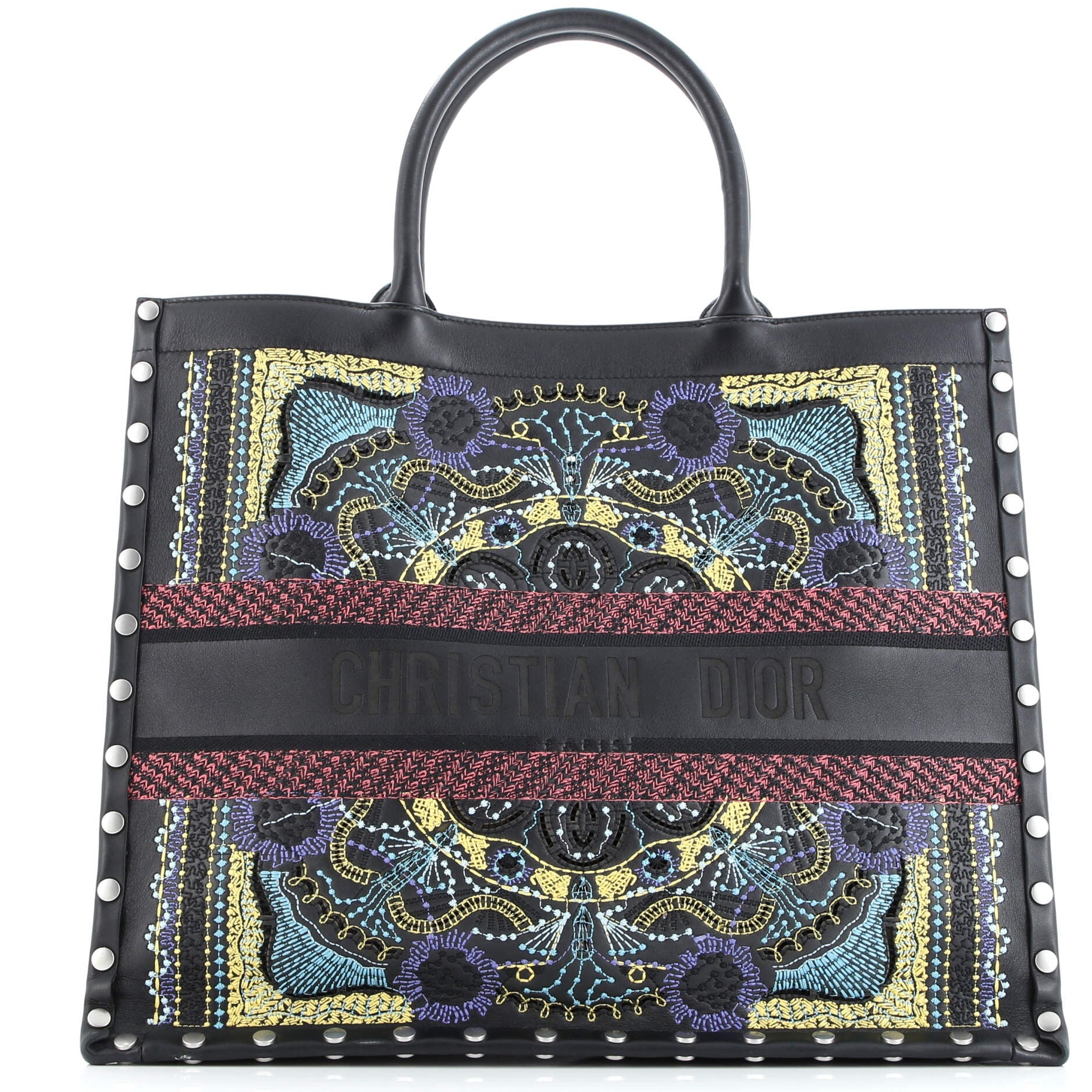 Book Tote Embroidered Studded Leather Large