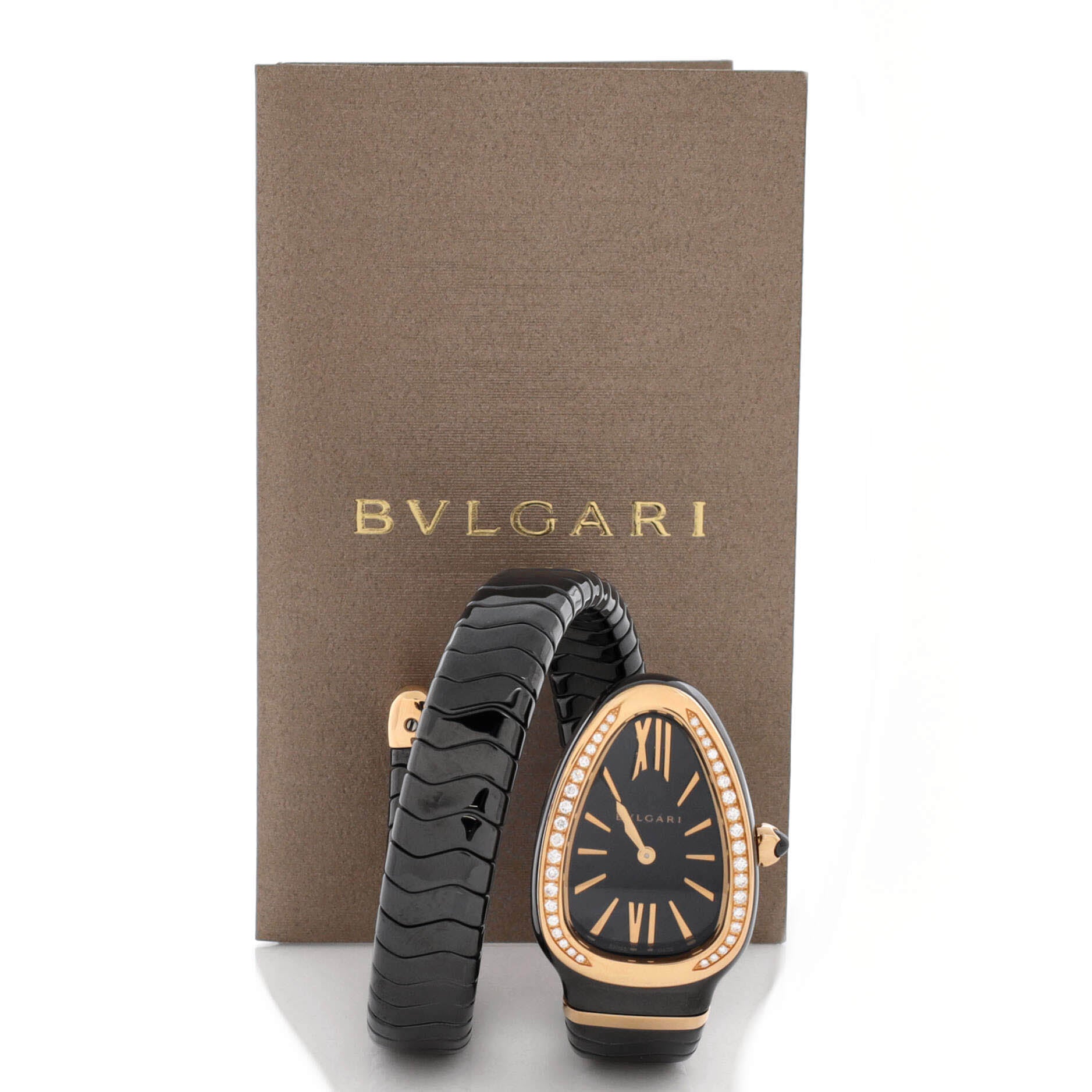 Serpenti Spiga Single Spiral Quartz Watch Ceramic and Rose Gold with Diamond Bezel 23