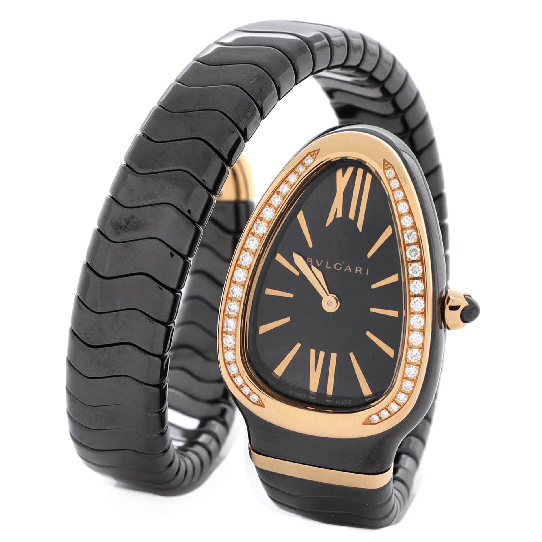 Serpenti Spiga Single Spiral Quartz Watch Ceramic and Rose Gold with Diamond Bezel 23