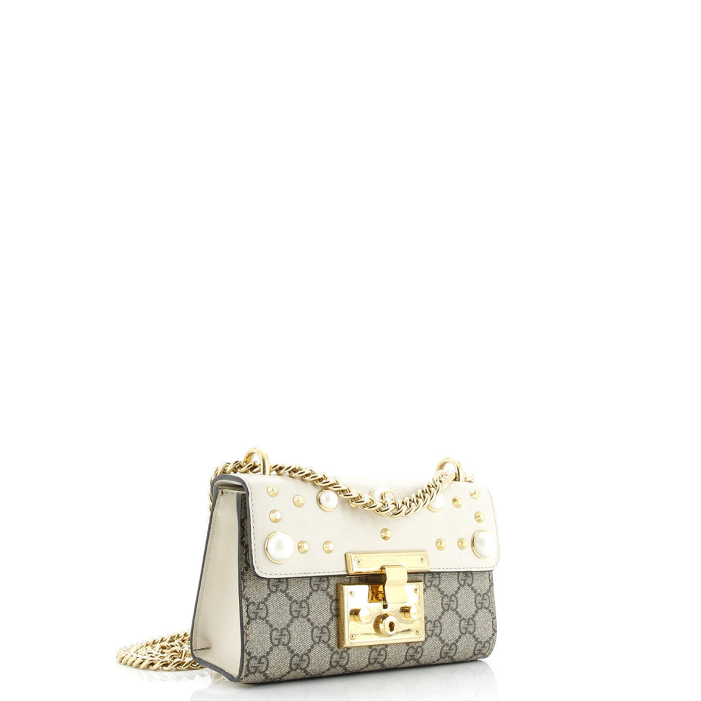 Pearly Padlock Shoulder Bag GG Coated Canvas with Studded Leather Small