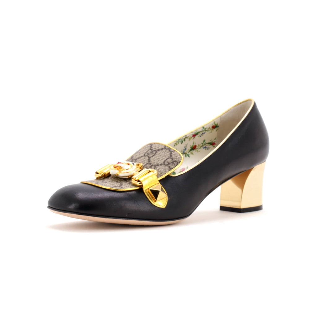 Women's Tiger Head Heeled Loafers Leather and GG Coated Canvas