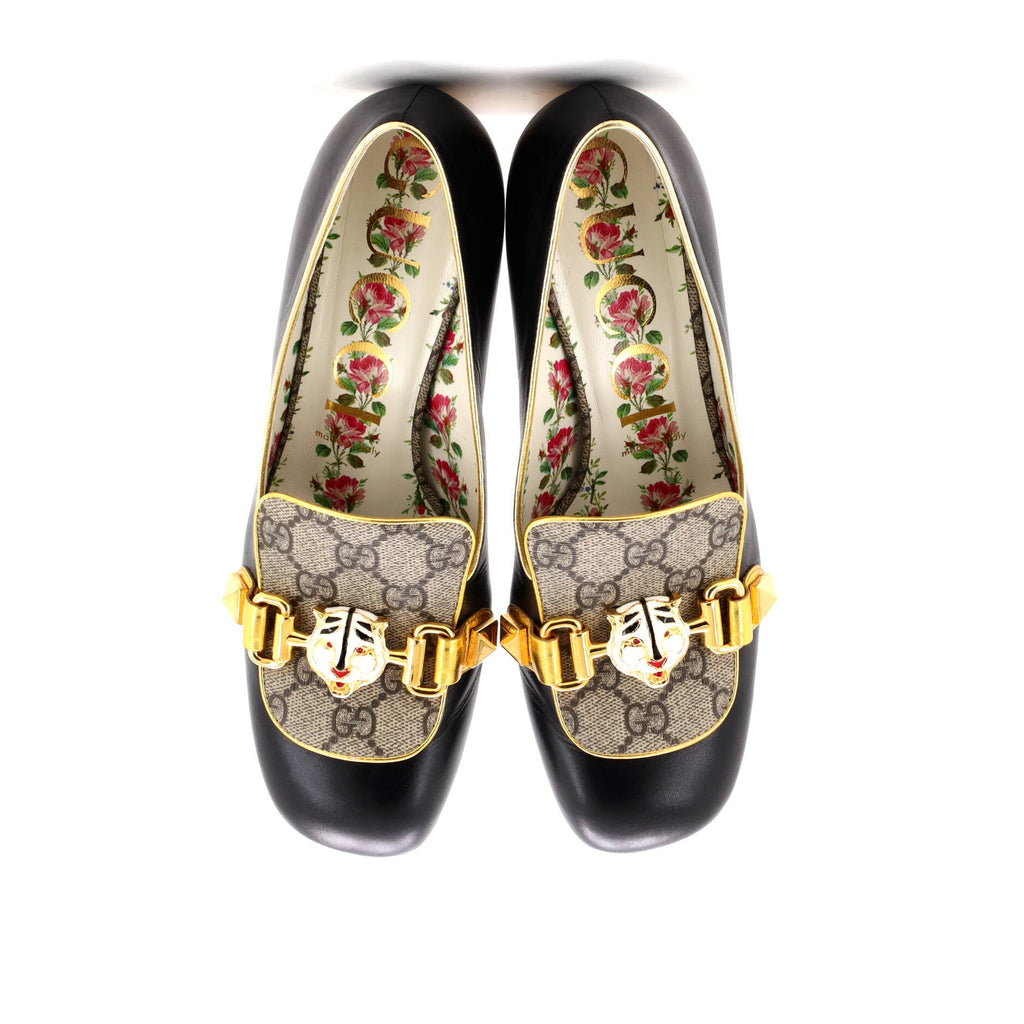 Women's Tiger Head Heeled Loafers Leather and GG Coated Canvas