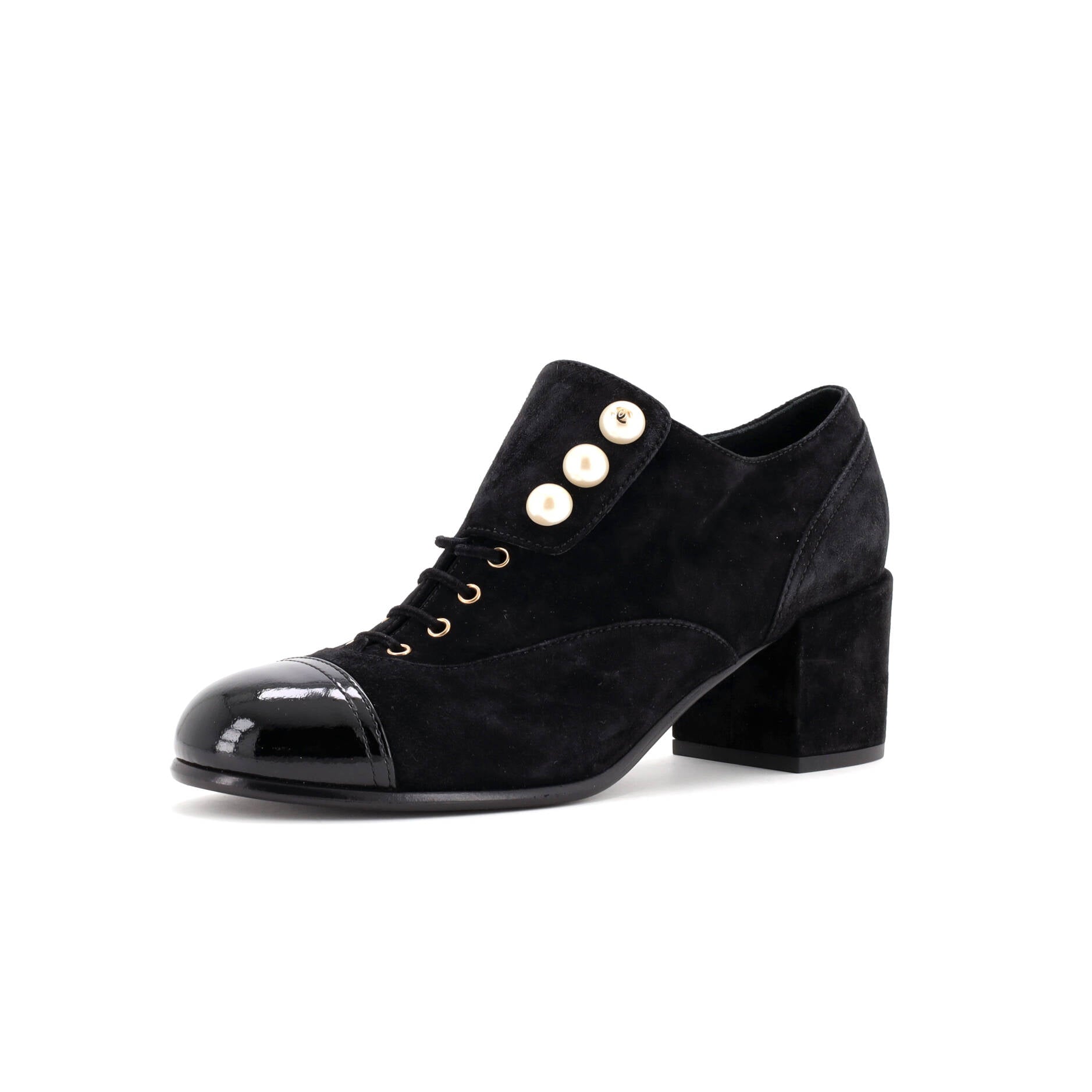Women's Cap Toe Pearl Button Lace Up Booties Suede and Patent
