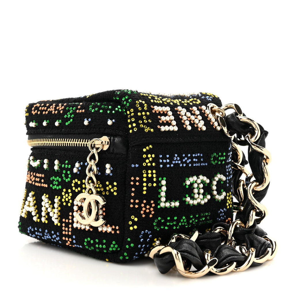 Tweed Pearl Studded Vanity Wrist Case With Chain Black Multicolor