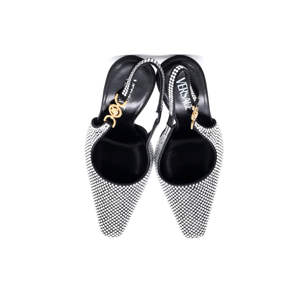 Women's Safety Pin Slingback Pumps Crystal Embellished Satin