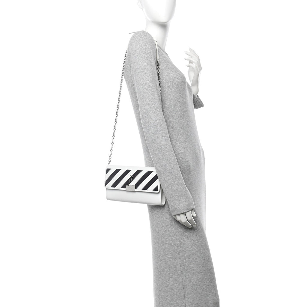 Saffiano Striped Diag Binder Clip Flap Wallet On Chain White Black