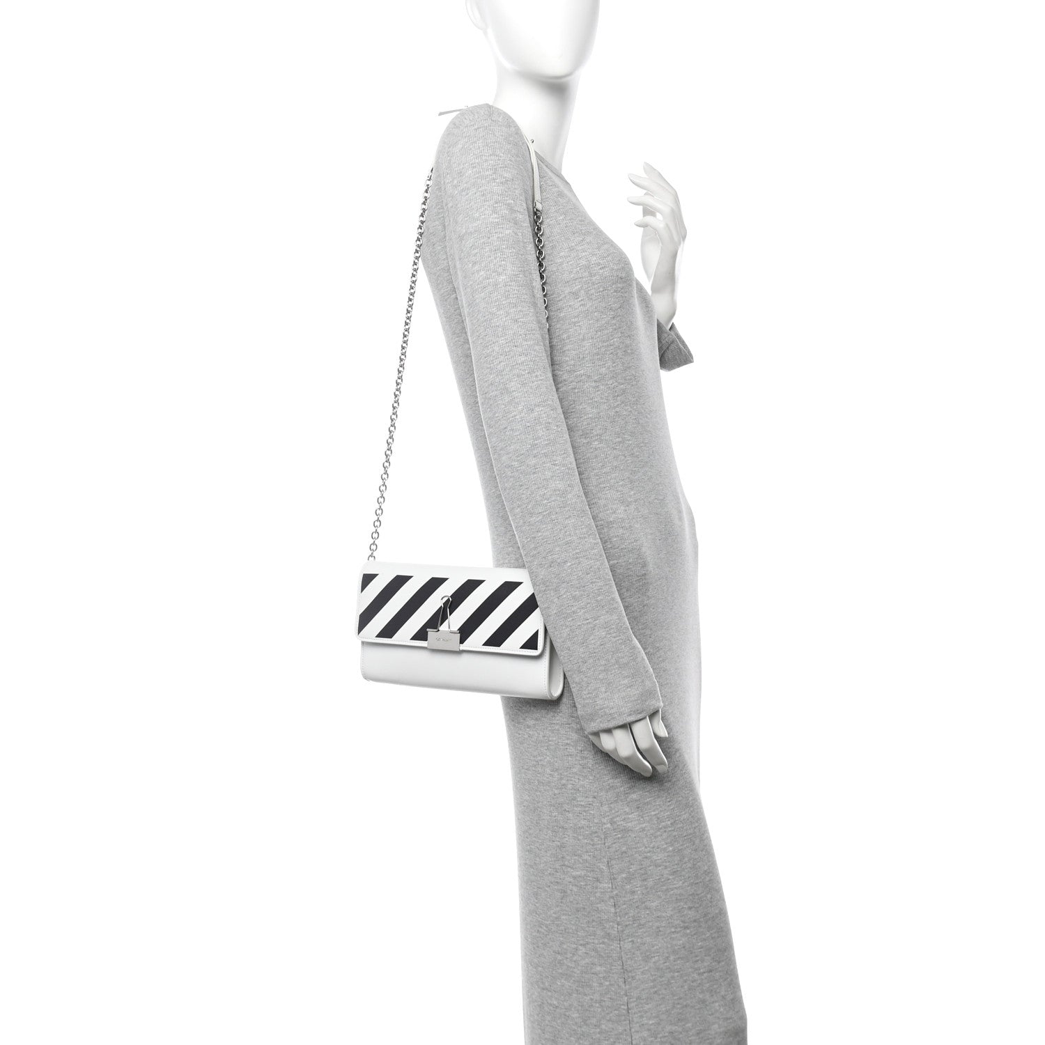 Saffiano Striped Diag Binder Clip Flap Wallet On Chain White Black