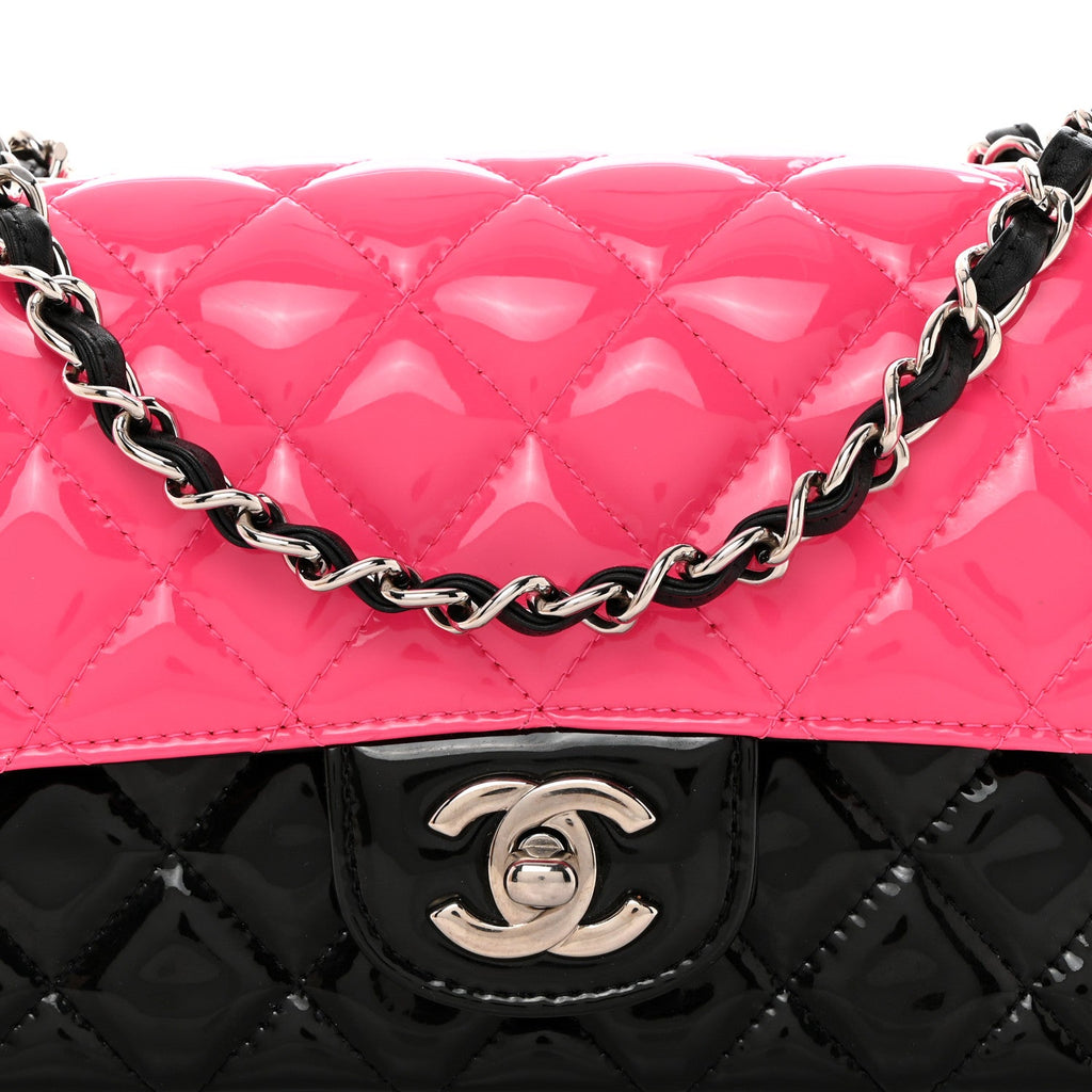 Patent Calfskin Quilted Bi-Color Mini Rectangular Flap Pink Black