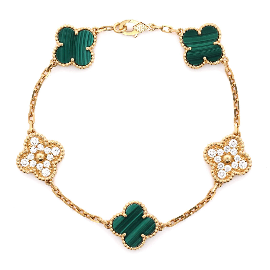 Vintage Alhambra 5 Motifs Bracelet 18K Yellow Gold and Malachite with Diamonds