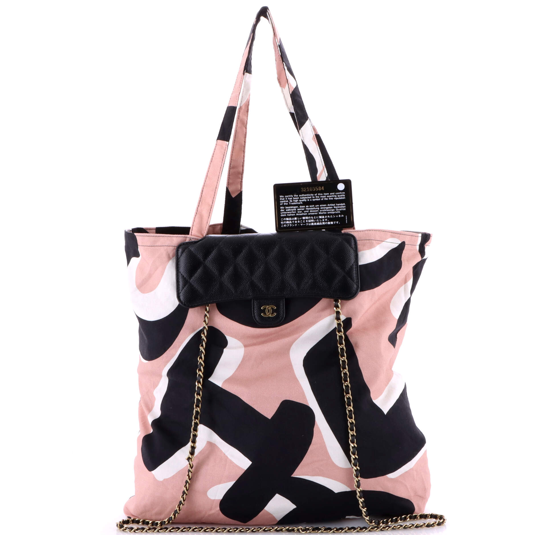 Foldable Tote Bag with Chain Quilted Caviar with Printed Nylon