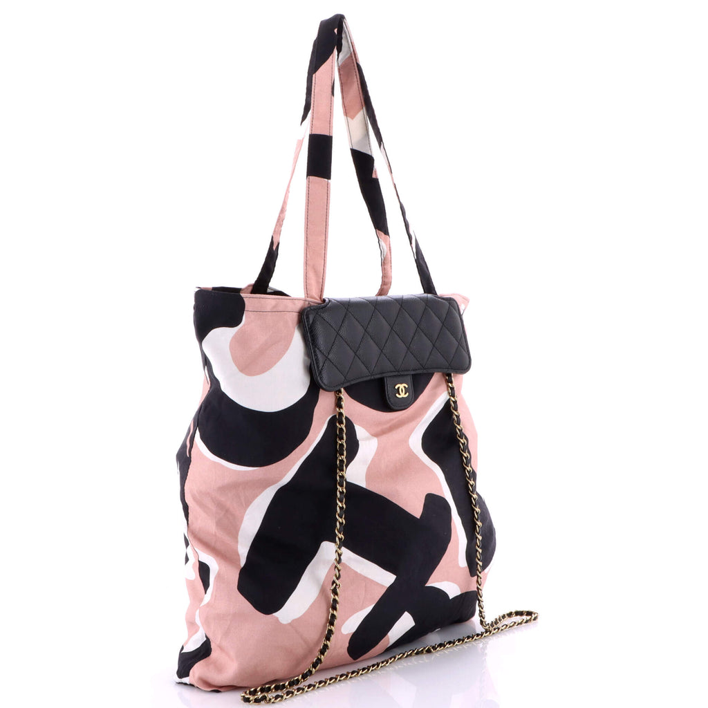 Foldable Tote Bag with Chain Quilted Caviar with Printed Nylon