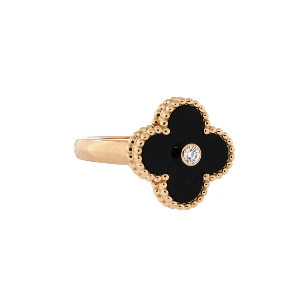 Vintage Alhambra Ring 18K Yellow Gold with Onyx and Diamond