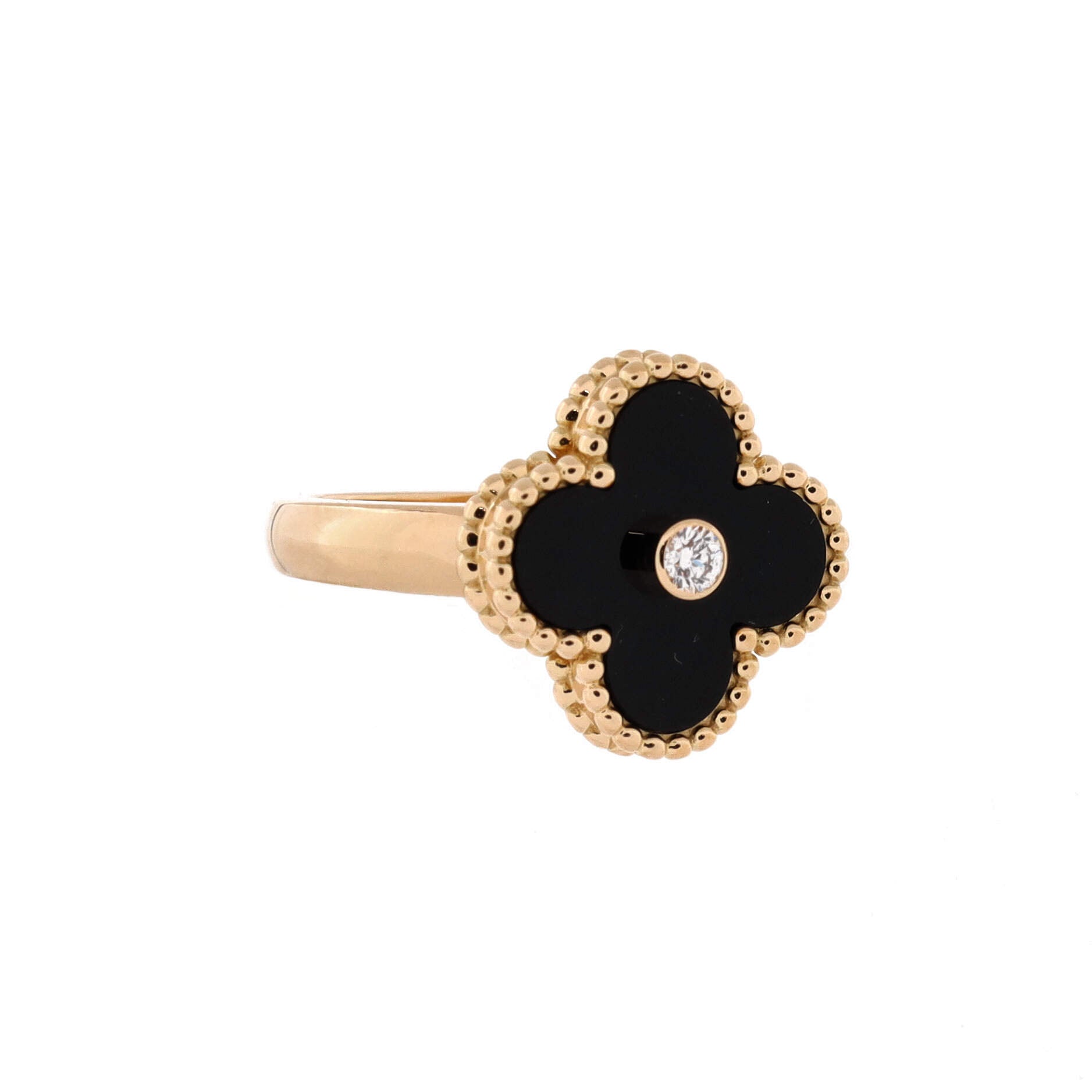 Vintage Alhambra Ring 18K Yellow Gold with Onyx and Diamond