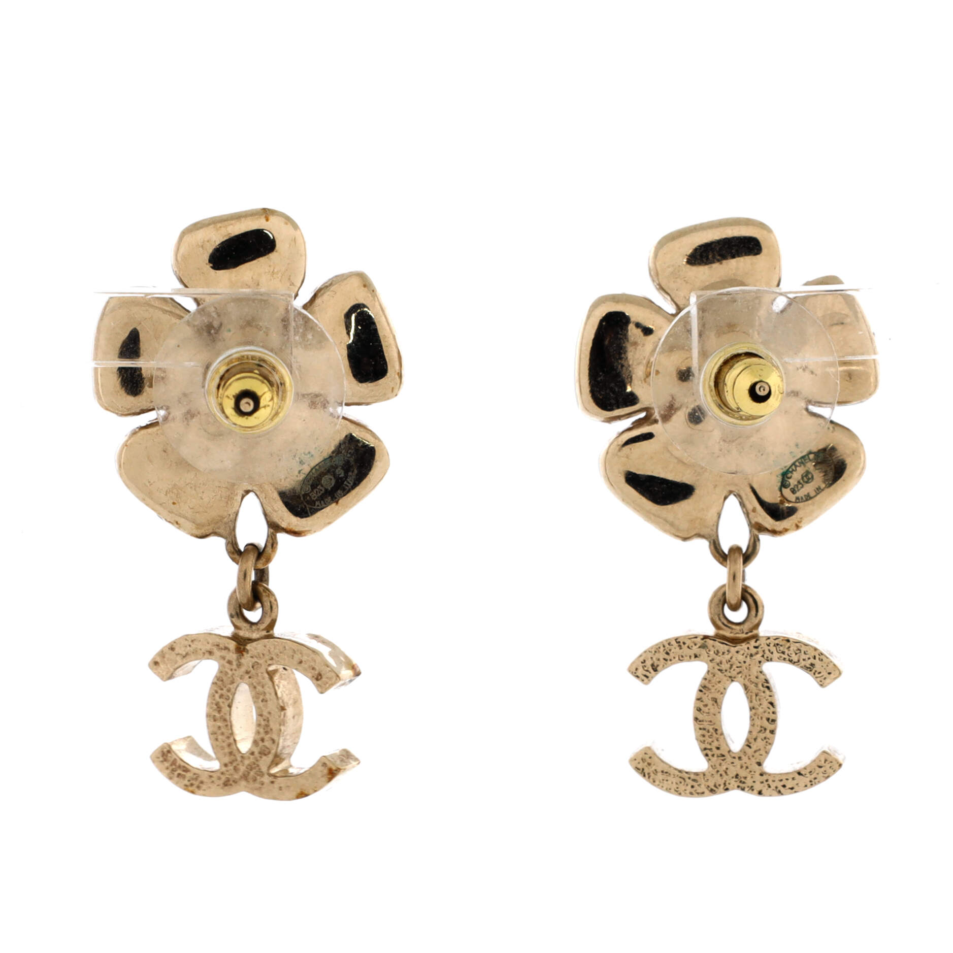 CC Flower Dangle Earrings Metal with Crystals and Faux Pearls