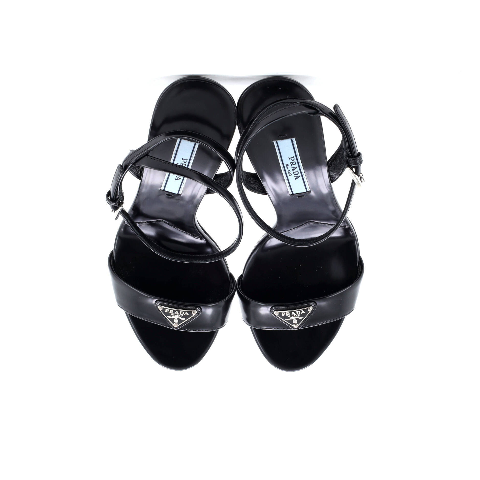 Women's Triangle Logo Ankle Strap Heeled Sandals Leather