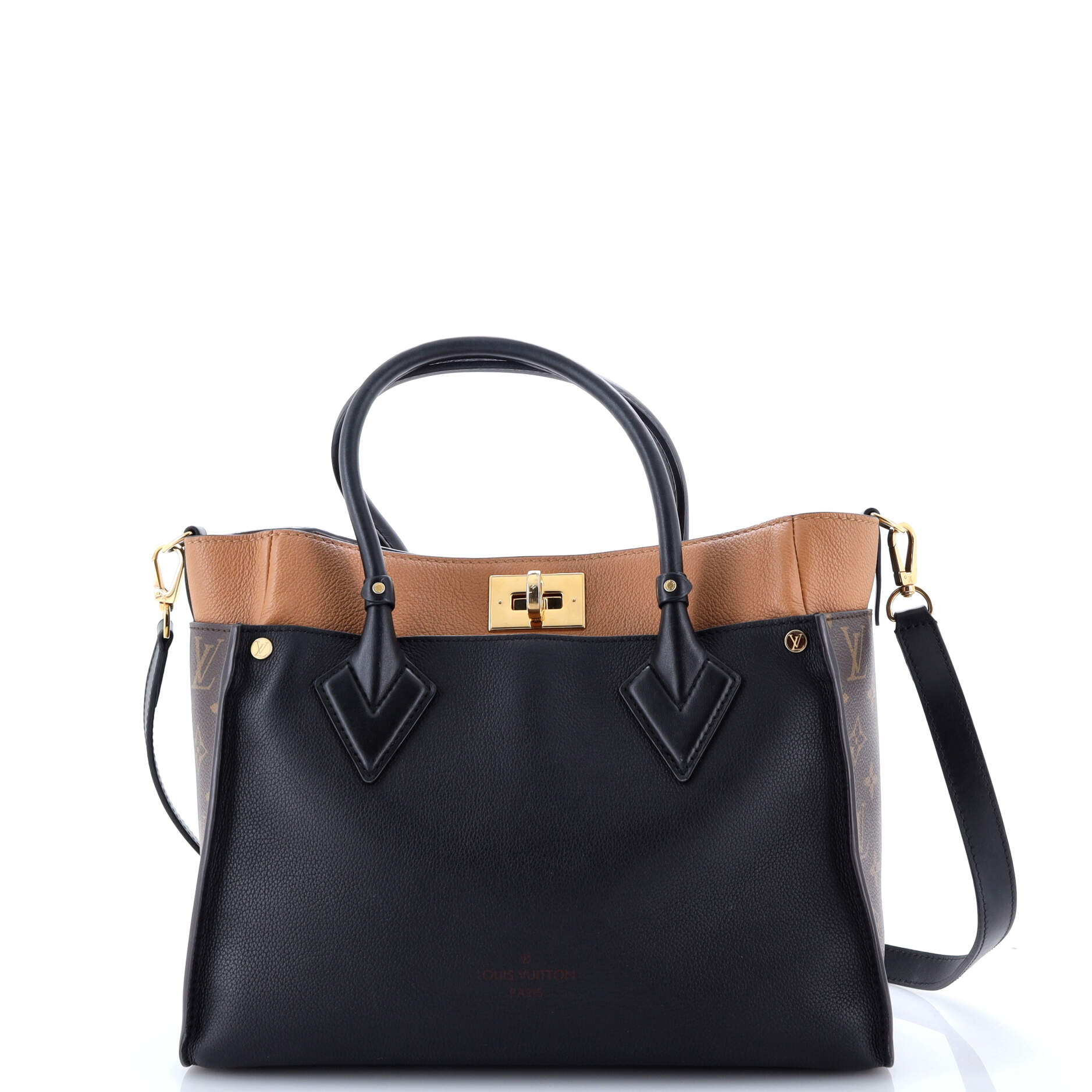 On My Side Tote Leather with Monogram Canvas MM