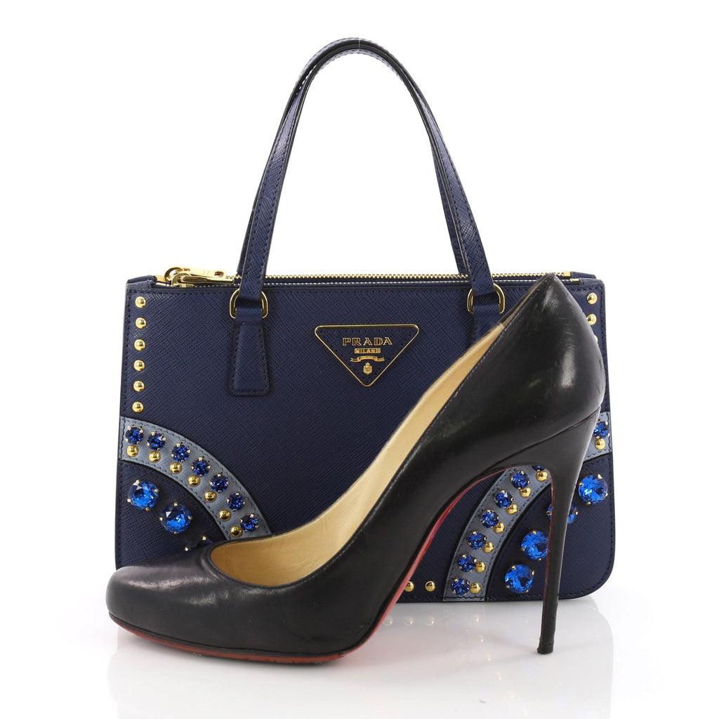 Double Zip Tote Crystal Embellished Saffiano Leather Mini