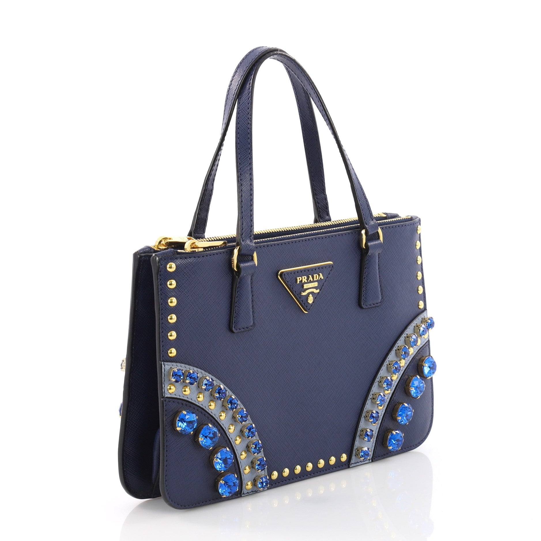 Double Zip Tote Crystal Embellished Saffiano Leather Mini