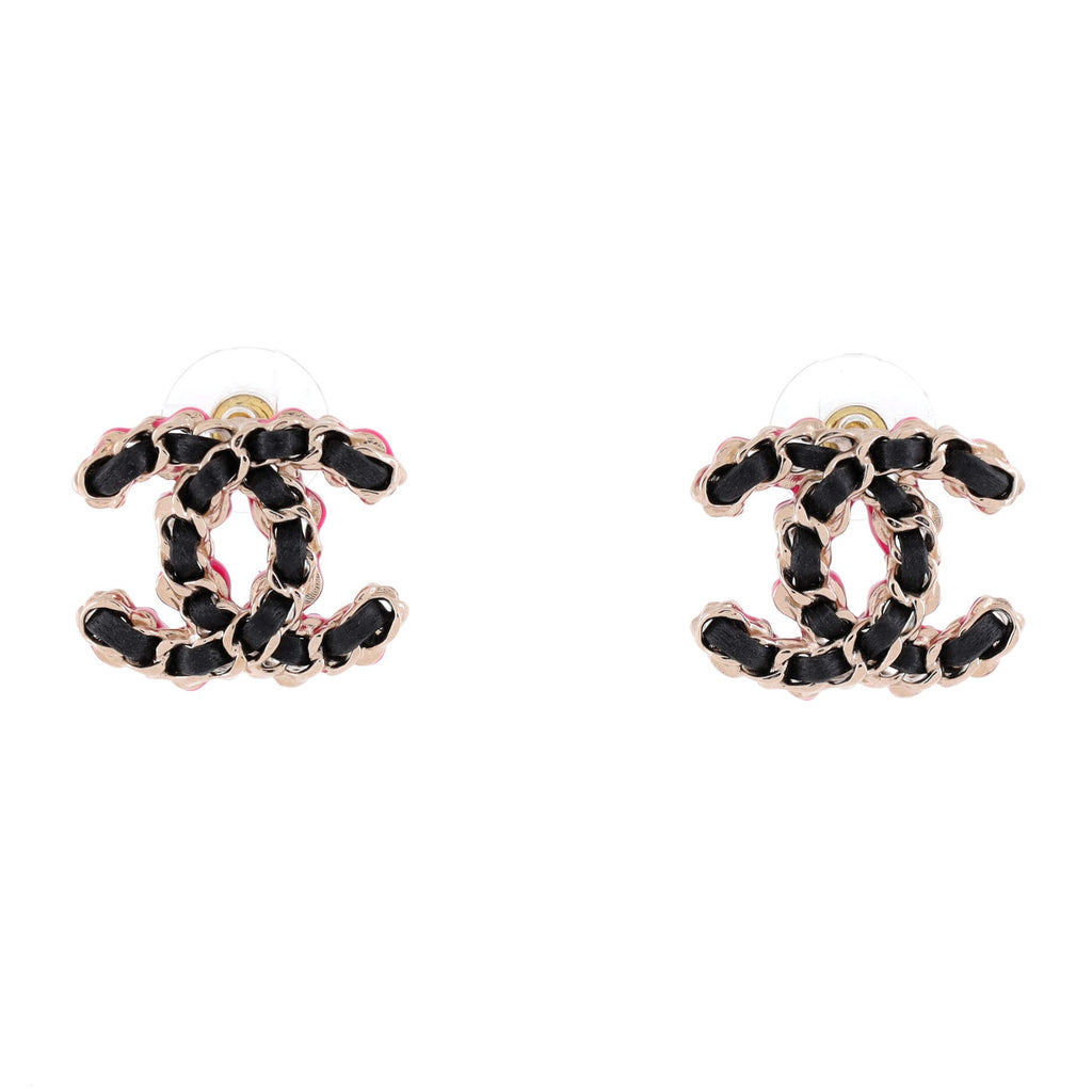 CC Chain Stud Earrings Metal and Enamel with Leather